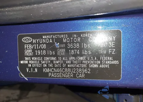 2008 Hyundai Accent Gls from USA, damaged, VIN KMHCN46C88U238962